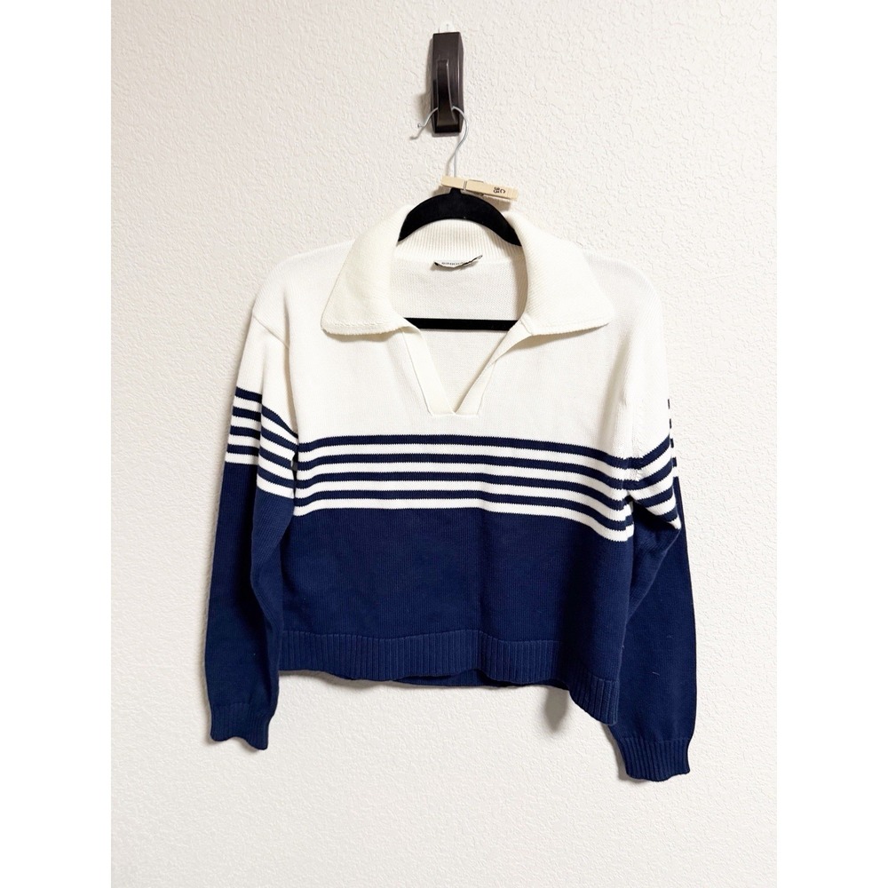 Simkhai Jules Knit Polo Shirt Long Sleeve Organic Cotton Midnight Stripe Small - Picture 7 of 7